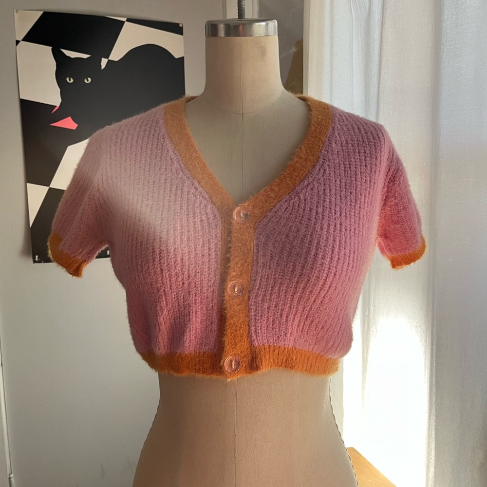 Fuzzy pink and orange crop sweater
